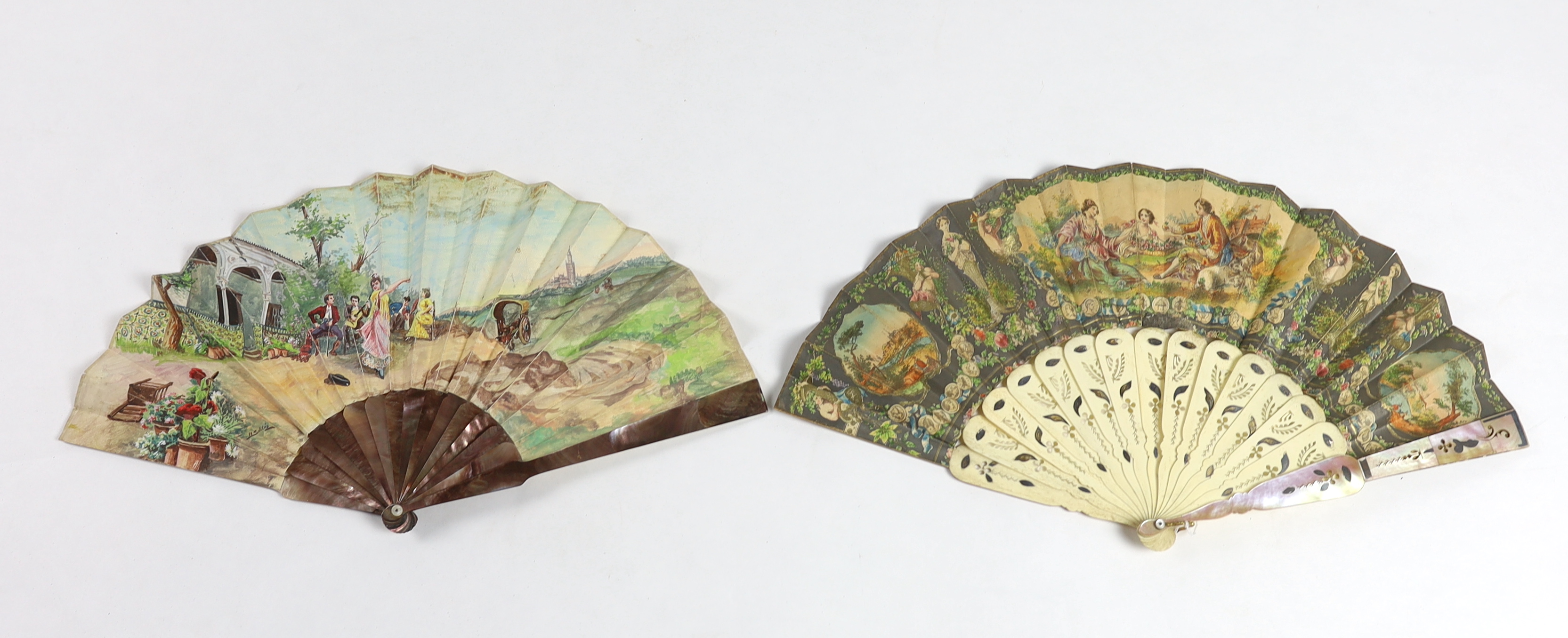 A 19th century mother of pearl and carved bone fan with ornate printed paper leaf, together with a similar Spanish fan of dancers, with mother of pearl guards, signed.